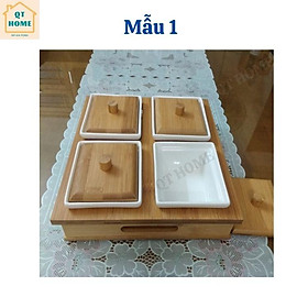 Mua Khay Mứt Tết Sứ 4 Ngăn  Hũ Bằng Sứ  Khay và Nắp Bằng Gỗ Tre