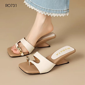 Dép nữ quai ngang xỏ ngón, gót cách điệu ROSATA RO731 - 5p - Nâu, Trắng- BKSTORE