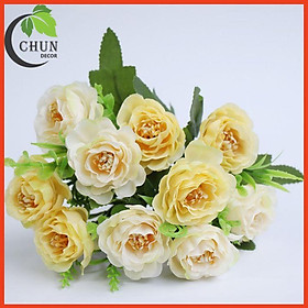 Hoa giả, cành hoa hồng trà 10 bông kèm lá điểm sang trọng trang trí nhà cửa