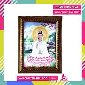 Mua Tranh điện Phật Quan Âm Bồ Tát ngồi tòa sen giữa hồ hào quang tỏa sáng hộp đèn led siêu đẹp - 45x35cm
