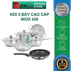 Bộ Nồi Chảo 3 Đáy Inox 430 Cao Cấp Fivestar Standard 6 món nắp kính , dùng được mọi bếp