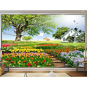 Tranh dán tường 3D hoa tulip - VẢI LỤA phủ kim sa (kích thước theo yêu cầu)