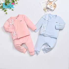 Bộ quần áo sơ sinh vạt lệch buộc dây vải sợi tre cao cấp BB035, set dài tay cho bé hàng chính hãng HAKI