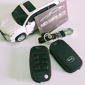 Bao da Chìa Khóa ô tô kèm móc khóa xe Kia Morning, Soluto, Carens, Forte loại 3 nút chìa bấm - nút mở khóa giữa