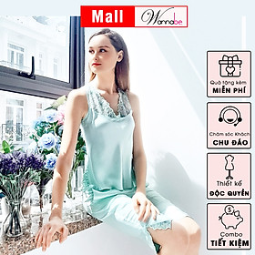 Đồ bộ mặc nhà phi lụa WANNABE bộ BLS04 đồ bộ lững bản vai phối ren xinh đẹp