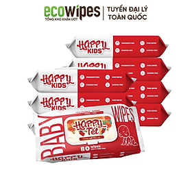 Thùng 10 gói khăn ướt trẻ em Happy Kids gói 80 tờ không mùi siêu tiết kiệm cho bé