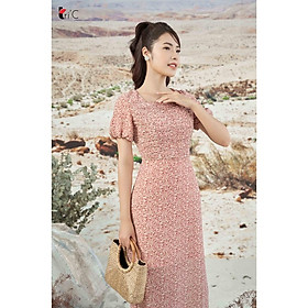 Đầm maxi hoa nhí, cổ vuông rút dúm trước Tri'C Luxury A24021 Hồng