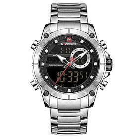 Đồng hồ đeo tay điện tử chuyên nghiệp Chống nước 3ATM Giờ GMT Đa chức năng NAVIFORCE Dây đeo bằng thép không gỉ -Màu Bạc