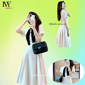 Đầm công sở xếp li vải chéo ý lót lụa nơ cổ trụ tay ngắn xoè dài ivy.fashion đi biển dự tiệc dạo phố bigsize gợi cảm