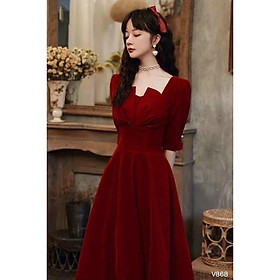Đầm đỏ xoè dự tiệc xếp ly ngực tay lỡ sang chảnh