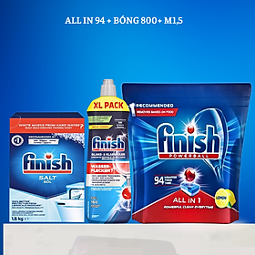 Combo Viên rửa bát finish all in one 100 viên+Dung dịch Nước làm bóng finish 800ml +Muối rửa bát finish 1.5kg cho Máy rửa bát
