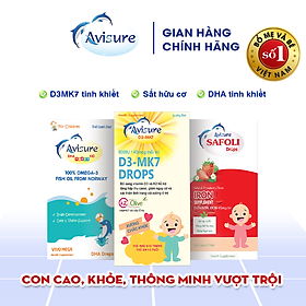 Bộ ba Avisure D3MK7, Avisure DHA smart Kid, Avisure Safoli Drop bổ sung D3, DHA, Sắt tinh khiết, tự nhiên cho bé