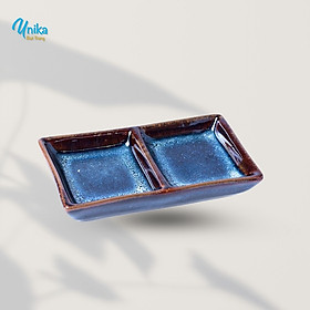 Khay gia vị hai ngăn men hỏa biến - Đĩa gia vị nước chấm 2 ngăn 4 màu men - Gốm sứ Unika Bát Tràng
