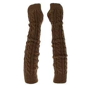 Women Winter Knit Long Fingerless Gloves Thumbhole Arm Warmer Mittens Brown