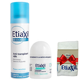 Combo Khử mùi hàng ngày dạng xịt phun sương 150ml và Lăn khử mùi ngăn mồ hôi cho da nhạy cảm (Màu xanh) Etiaxil + Tặng kèm 1 Khăn mặt cao cấp Etiaxil