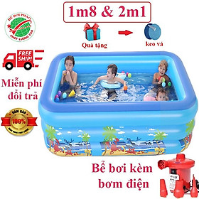 Bể bơi phao cho bé kích 1m8 và 2m1 - 3 Tầng, bể bơi bơm hơi có đáy chống trơn, tặng kèm bộ keo vá