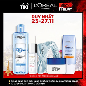 Bộ sản phẩm làm sạch, chống nắng dưỡng ẩm da căng mướt L'Oreal Paris (MCL 400ml,UV Aqua,ME 22ml,WP day cream 20ml,Headband)