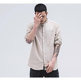 ÁO ĐŨI CỔ TÀU DÀI TAY - TÚI NGỰC - Màu Be