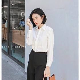 Áo sơ mi công sở nữ đẹp form rộng kiểu giấu cúc màu trắng chất vải không nhăn dày dặn mặc đi làm