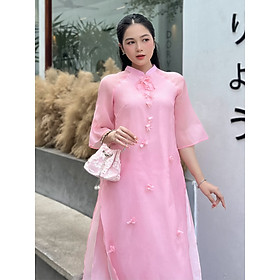 [HCM] Áo dài voan tơ cổ trụ dáng suông gắn hoa 3D cho phái nữ AD043 - Khanh Linh Style