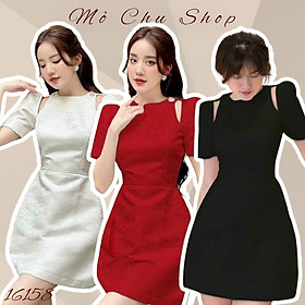 Đầm xòe khoét vai tay phồng kèm tag đá
