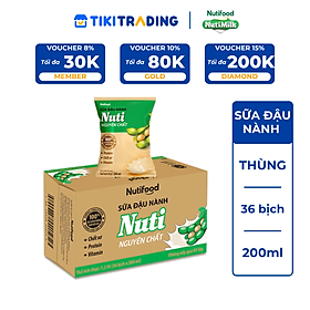 Thùng Sữa Đậu Nành Nutimilk Nguyên Chất 200ml (Bịch 200ml x 36) - Bổ Sung Dinh Dưỡng Từ Hạt Đậu Nành