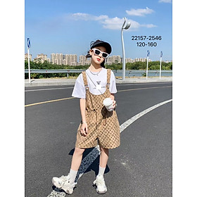 Set yếm cho bé gái cộc tay 6-14 tuổi chít eo in chữ LOVE, Bộ hè trẻ em khỏe khoắn thời trang