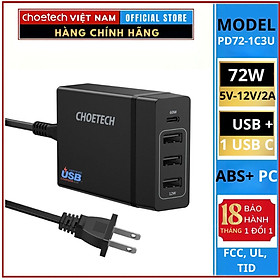 Bộ sạc nhanh CHOETECH PD72–1C3U công suất 72W 4 cổng (3 USB + 1 Type C)- Hàng chính hãng