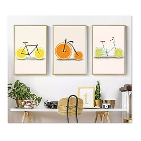 Bộ 3 tranh treo tường trên nền canvas xe đạp cam chanh dễ thương trang trí nhà bếp