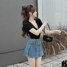 Set bộ áo thun cổ tim kèm váy jean phong cách sang chảnh Hàn Quốc, sét váy thời trang nữ mặc đi chơi chất áo thun gân cổ tròn tay ngắn kèm chân váy jeans dài xẻ tà trước