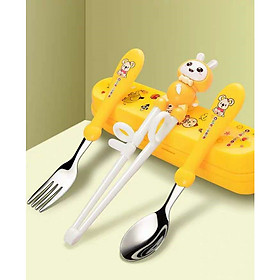 Mua Combo Đũa Tập Ăn Dặm Xỏ Ngón + muỗng nĩa inox Cực Kỳ Tiện Lợi Cho Bé hình ông - Set Thỏ Vàng