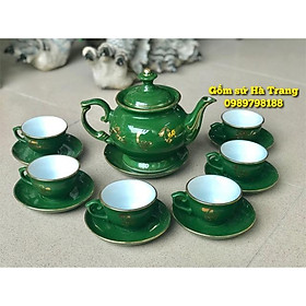Bộ ấm chén phú quý men rêu vẽ vàng Phúc Lộc Thọ gốm sứ Bát Tràng cao cấp