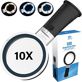 Kính lúp cầm tay đọc sách cao cấp Magnipros MP-9896 (10x, có đèn led 3 chế độ màu) - Hàng chính hãng