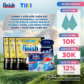 Combo 3 Viên rửa chén Finish Ultimate 18 viên + Nước làm bóng 500ml + Muối rửa chén 1kg