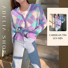 Cardigan Len Tím | Áo Len Nữ Cardigan Tím Thu Đông Họa Tiết Hình Thoi Cổ V Dài Tay Dáng Rộng Hàn Quốc, Hàng Quảng Châu