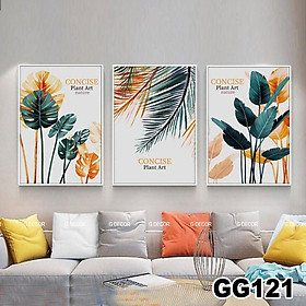 Tranh treo tường canvas 3 bức phong cách hiện đại Bắc Âu 115, tranh lá cây trang trí phòng khách, phòng ngủ, spa