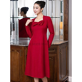 Đầm đỏ tay dài nơ ngực NGADO , đầm tay dài , đầm nơ , đầm nữ , đầm dự tiệc , công sở