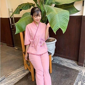 Đồ lam đi chùa xéo nhật nơ thêu sen