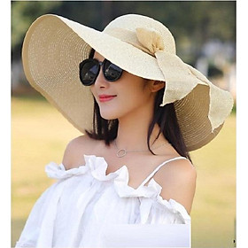 Mũ cói rộng vành phối ruy băng nơ cùng màu thời trang cho nữ