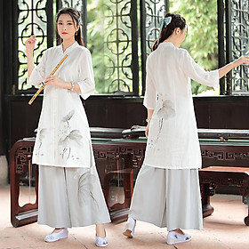 Trang phục lam đi lễ chùa, tập thiền & yoga nữ cánh sen sơn dầu Thiền Chay
