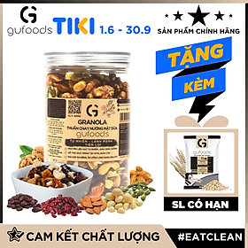 Granola thuần chay nướng mật dừa nước GUfoods (0% yến mạch; Mix siêu hạt mắc ca, nam việt quất, hạnh nhân, hạt điều, nho khô) - Dinh dưỡng, Tiện lợi, Thơm ngon, Giàu lợi ích sức khỏe