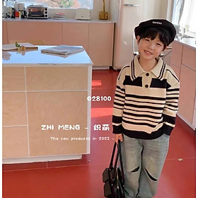 Áo len bé trai xuất hàn cổ đức 3-9 tuổi phối kẻ ngang chất liệu vải cao cấp không bai xù