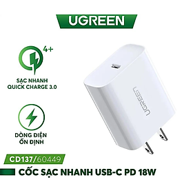 Sạc nhanh UGREEN CD137 60449 1 cổng USB Type C Hỗ trợ PD QC 4.0 3.0 tối đa 18W cho iPhone 12 / Samsung - Hàng chính hãng