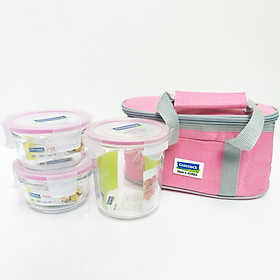 Mua Bộ hộp cơm thủy tinh Glasslock Hàn Quốc 720ml + 350ml + 350ml kèm túi giữ nhiệt oval hồng