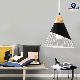 Đèn treo thả trần trang trí phòng khách đầu giường chuôi gỗ hiện đại đen trắng - Màu đen - KHÔNG BÓNG