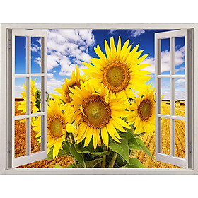 Mua TRANH CỬA SỔ PVP-CS03 Tranh dán tường 3d cửa sổ mở ra vườn hoa HƯỚNG DƯƠNG Tranh dán tường có sẵn keo  tranh mở rộng không gian