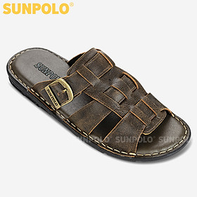 Dép Nam Quai Ngang Da Bò Cao Cấp SUNPOLO SUA1N - Nâu
