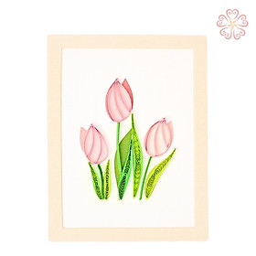 Thiệp Quilling nghệ thuật có khung - ba đóa tulip - size 8.5 x 6.5 cm , hàng mới .
