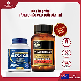 Bộ sản phẩm tăng chiều cao tuổi dậy thì nhập khẩu chính hãng gồm: Viên uống Canxi hữu cơ nano NZ ULTRA CAL (30 viên) và viên đa vitamin cho tuổi teen GO MULTI TEEN EVERYDAY giúp xương chắc khỏe, phát triển chiều cao tối ưu (30 viên)