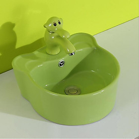 Bộ chậu rửa tay trẻ em hình tai gấu, kèm vòi lavabo hình con voi, màu xanh lá